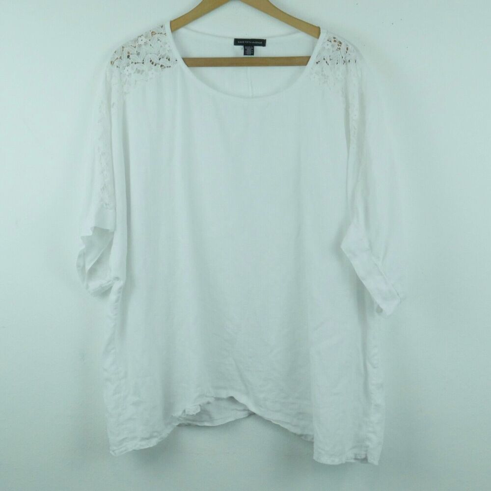 Saks Fifth Avenue XL Top 100% Linen White Lace Boxy Boho Coastal Relaxed Beachy‎